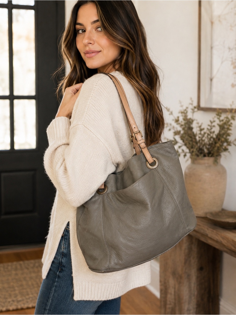 Michael Kors Pebbled Leather Tote Shoulder Bag Grey Taupe Tan Handles